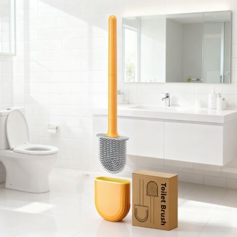 Brosse WC flexible à long manche avec plastique durable et support portable – Outil de nettoyage compact et rapide pour la maison, l'hygiène de l'appartement, orange