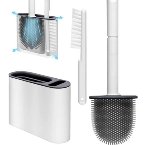 Brosse WC flexible avec support pour nettoyage en profondeur avec fentes d'aération, support au sol et fixation murale