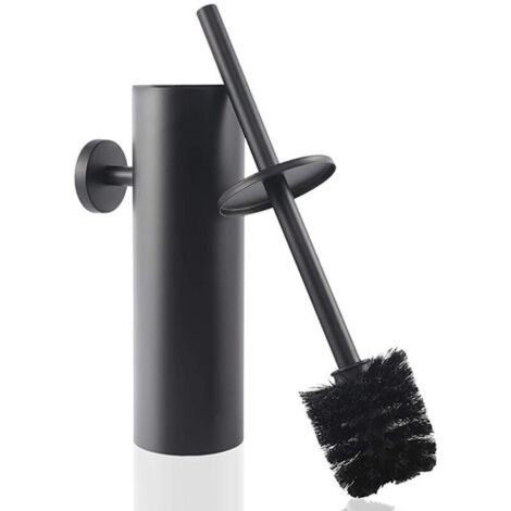 Brosse WC Long Manche avec Rechange, Support Inox Mural et Couvercle, Noir Mat Ortviai