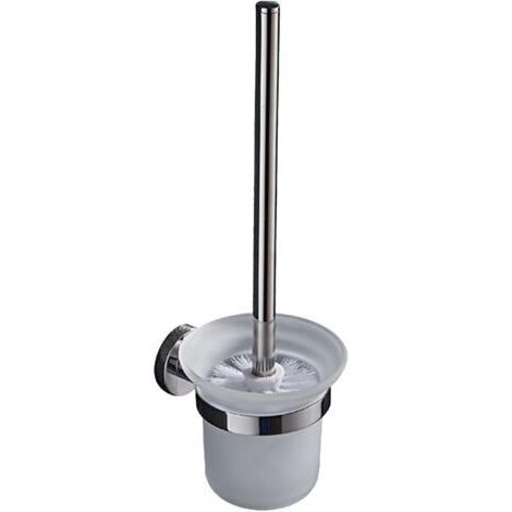 Brosse WC murale avec support intégré – 1 tête souple + cuvette en verre trempé + manche en acier inoxydable – Installation sans perçage (argent)