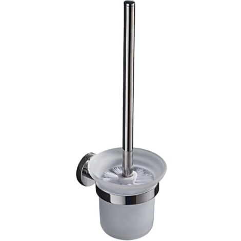 Brosse WC murale avec support intégré – 1 tête souple + cuvette en verre trempé + manche en acier inoxydable – Installation sans perçage (argent)