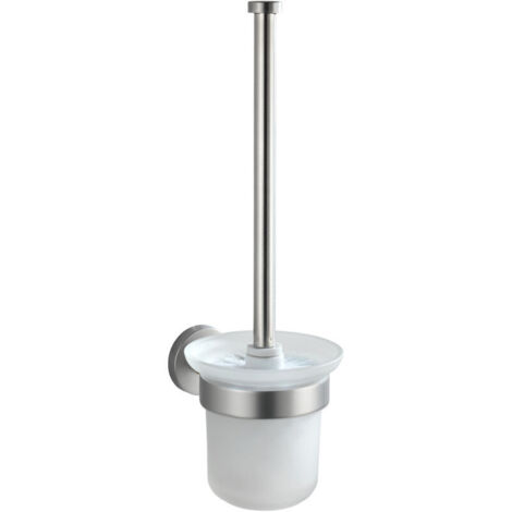 Brosse WC Murale, Brosse WC à fixer au mur, Tête de brosse remplaçable, Acier inoxydable et verre satiné, Fixation incluse, 10x35x14cm, Blanc