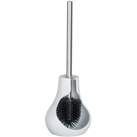 Brosse WC Neo Drop, Design goutte WENKO, Manche acier inox, Tête de brosse silicone remplaçable 7,5cm, Céramique et acier inox, 17x40x13,5cm, Blanc