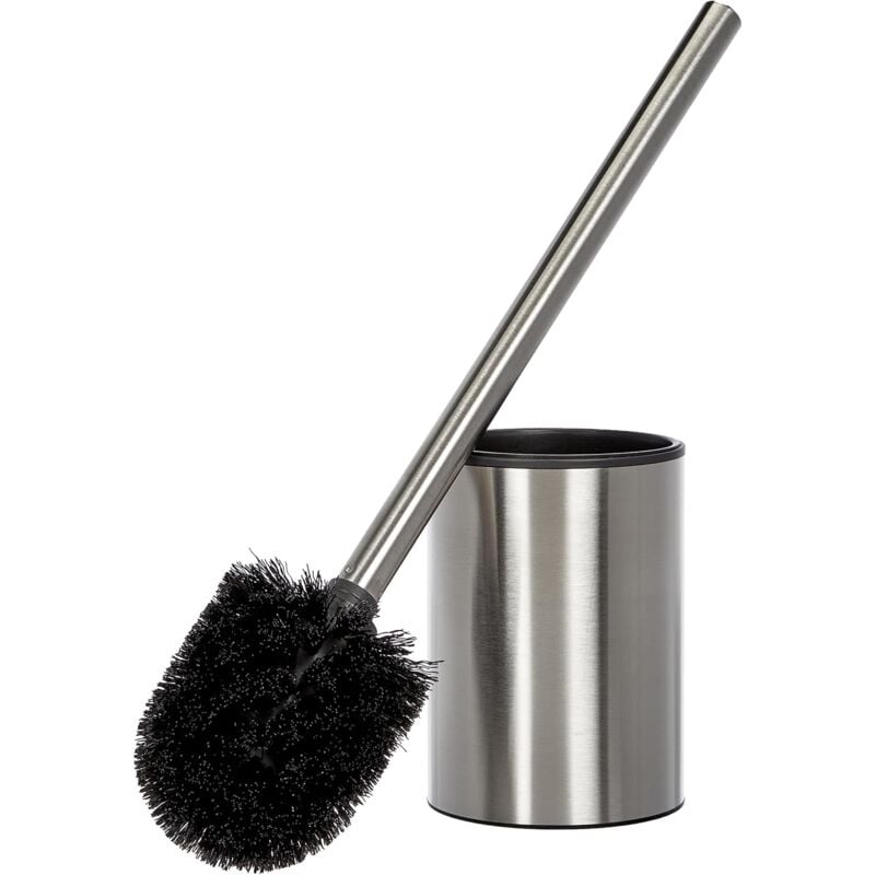 Brosse wc Satin, Faite d'acier Inoxydable, Seau intérieur en polypropylène, Brosse Noire, sans bpa, Métallisé. Mesures 9 x 9 x 37 cm