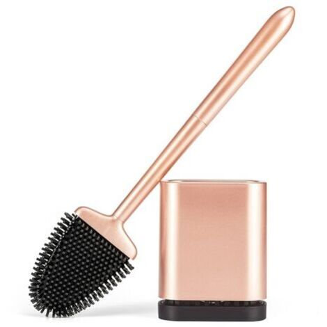 Brosse WC Silicone, Brosse de Toilette Silicone et Support, Balayette WC Suspendu Plate à Séchage Rapide avec Manche Long, Balai Toilette Salle de Bain, Autoportant/Mural, Or Rose Mat