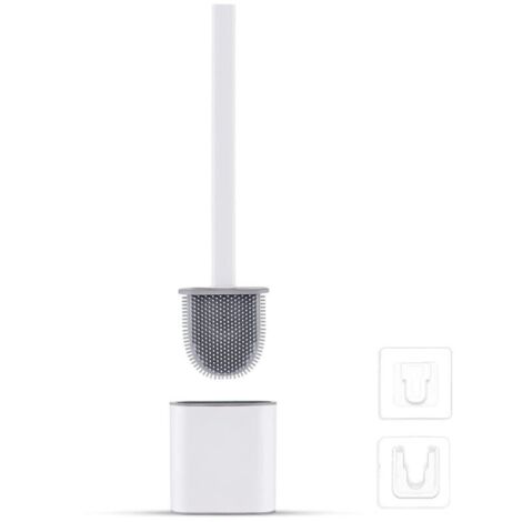 Brosse WC Silicone Plate- Brosse Toilette et Supports, Anti-goutte, Antibactérienne, Balayette WC Ventilée, Séchage Rapide sans Odeur, Balai WC Montage Mural/au Sol, Salle de Bain et WC Blanc