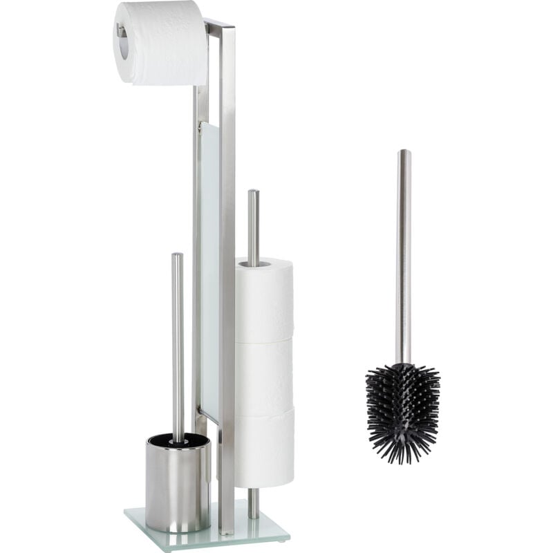 Combiné wc Rivalta avec brosse de rechange 3 en 1 Wenko Brosse wc, Dérouleur stockage Papier Toilette, Acier Inox mat- verre trempé noir, 18x70x23 cm