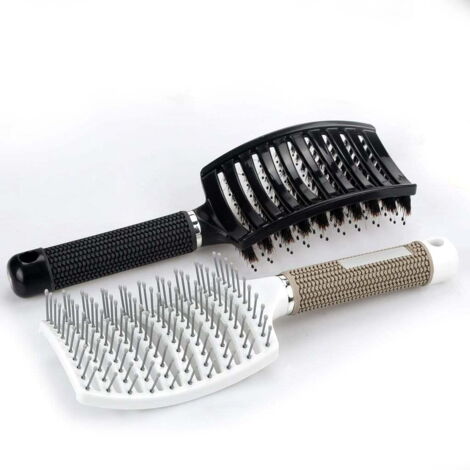 Brosses à Cheveux en Poils de Sanglier et Picots Nylon Blanches, Lot de 2 pour Démêlage et Brushing