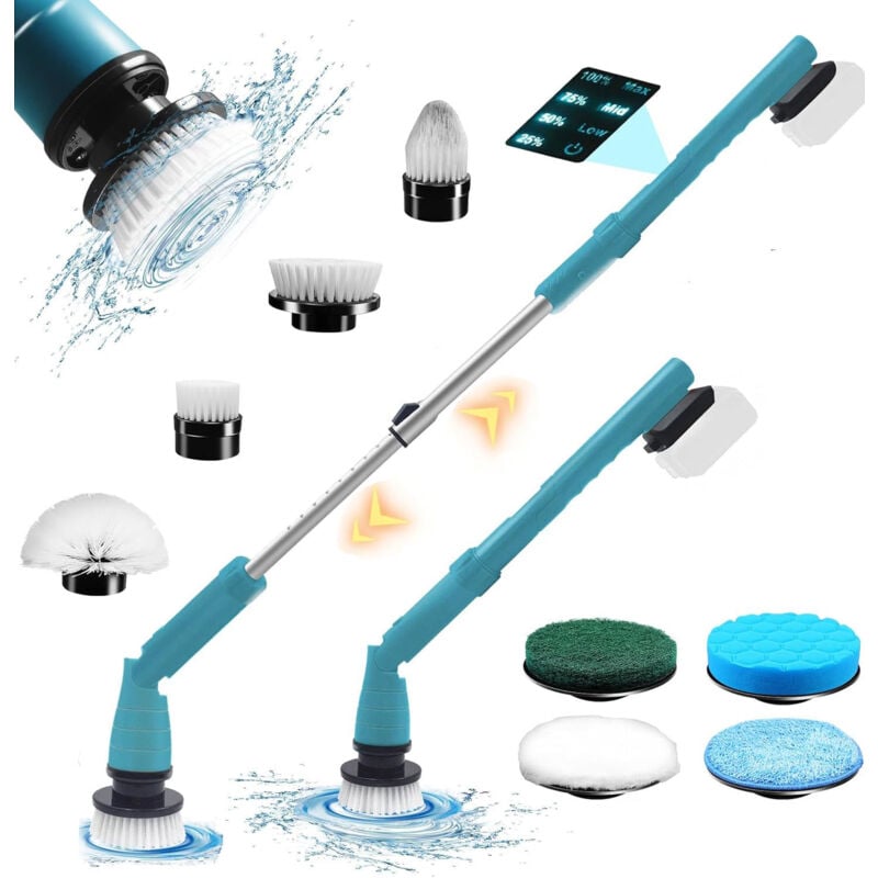 Brosses de nettoyage, brosse de nettoyage sans fil, 8 têtes de brosse de nettoyage 63-126 cm équipées d'une tige d'extension 3 réglages de vitesse