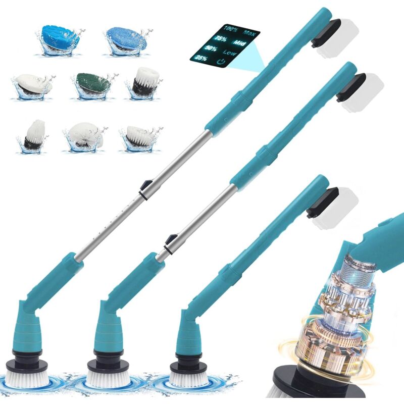 Brosses de nettoyage, brosse rotative sans fil, brosse de nettoyage extensible de 63 à 126 cm avec 8 têtes de brosse, pour salle de bain, carrelage
