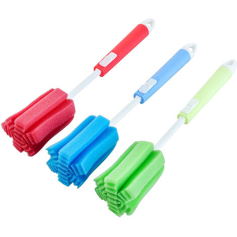 Brosses éponge en mousse avec long manche réglable pour nettoyer les biberons, les verres et les tasses (couleur aléatoire) Lot de 3