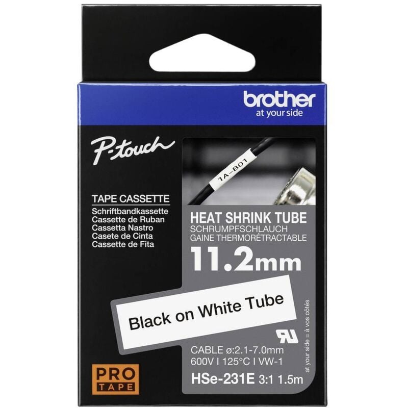 Brother - Ruban d'étiquetage pour gaine thermorétractable HSe HSE231E Couleur de ruban: blanc Couleur de police:noir 11.2