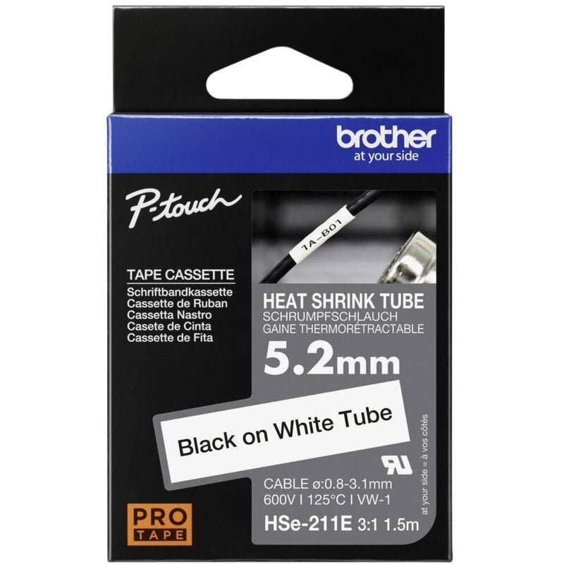 Brother - Ruban d'étiquetage pour gaine thermorétractable HSe HSE211E Couleur de ruban: blanc Couleur de police:noir 5.2