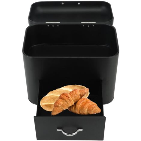 Brotkasten aus Metall – Großer Brotkasten im Landhausstil mit 2 Tabletts – Extra großes Fassungsvermögen für Brot, Bagels und Kekse – Schwarz – Maße: 30 x 18 x 26 cm