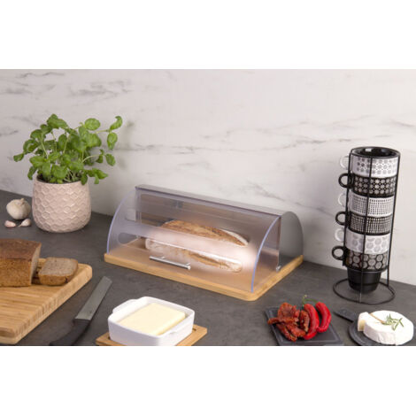 Brotkasten Bkasten Brotdose mit Rolldeckel transparent Bambus Edelstahl 27 x 39 x 15 cm