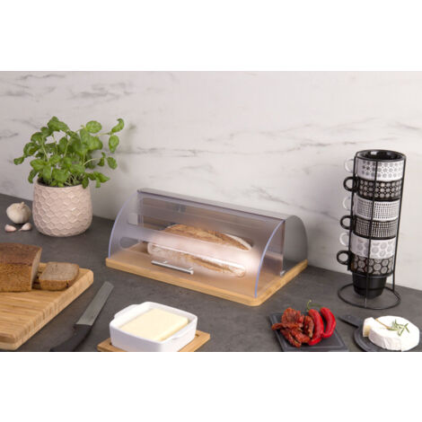 Brotkasten Bkasten Brotdose mit Rolldeckel transparent Bambus Edelstahl 27 x 39 x 15 cm