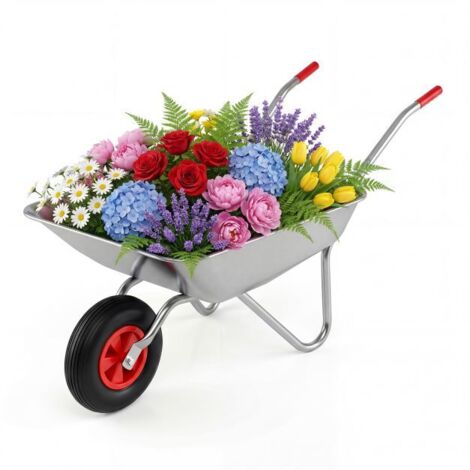Brouette de Jardin Monoroue en Métal Galvanisé, Capacité 62,5 L, Charge Max 136 kg, Pneu Caoutchouc 32 cm, Deux Poignées Ergonomiques, Chariot Basculant pour Jardin et Agriculture