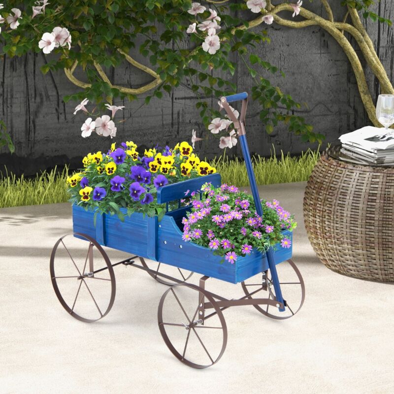 Maisonchic - Brouette Décorative en Bois avec 2 Compartiments à Planter Roues Métalliques Poignée Charge 15kg pour Cour Bleu CW2684 design in
