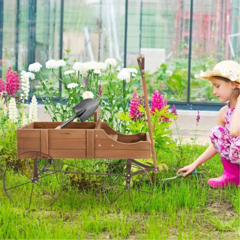 Brouette Décorative en Bois avec 2 Compartiments à Planter Roues Métalliques Poignée Charge 15kg pour Cour Café