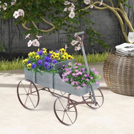 Brouette Décorative en Bois avec 2 Compartiments à Planter Roues Métalliques Poignée Charge 15kg pour Cour Gris CW2557 DESIGN IN