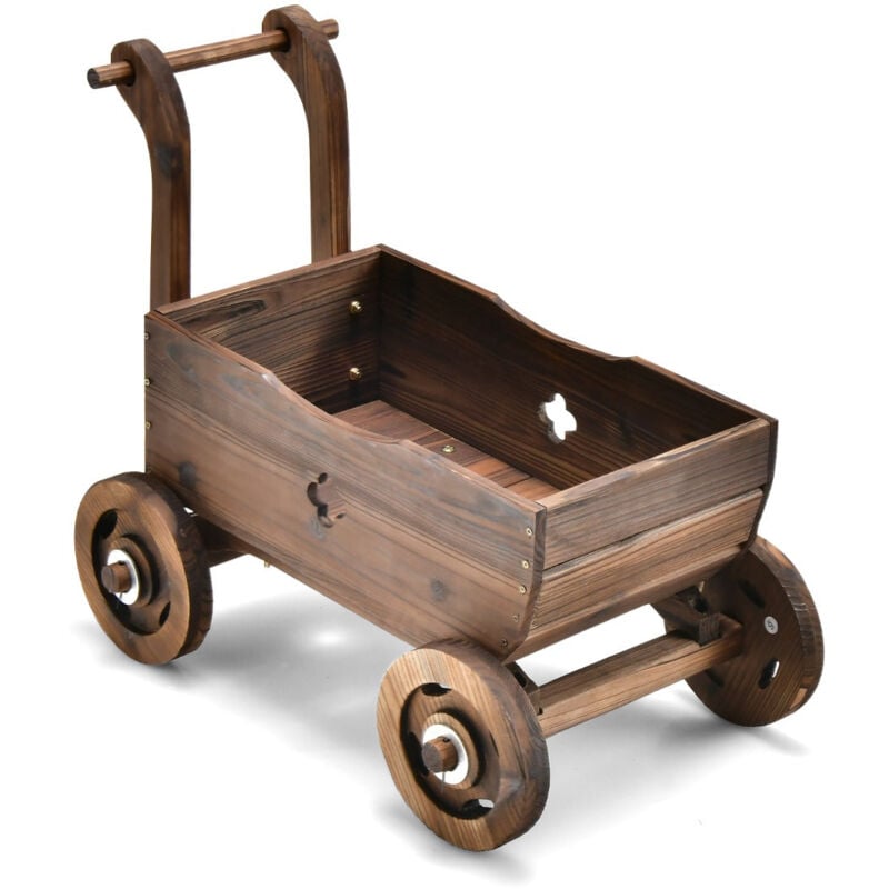 Brouette en bois décorative avec roues poignées trou de drainage support de pot de fleurs roulant rustique jardin balcon marron