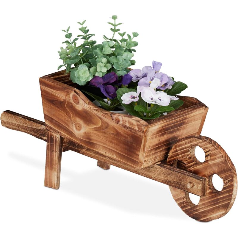 Brouette pour Plantes, Bois brûlé, Jardin décoration, Design Vintage, HxlxP 19 x 47 x 16cm,Nature