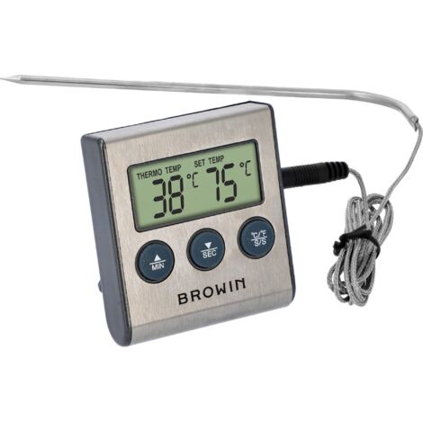 Browin 185609 - Termometro per alimenti con sonda in acciaio inox, lunghezza 1,5 m, temperatura 0-250°C, termometro per cottura e grill con timer e allarme, display elettronico LCD