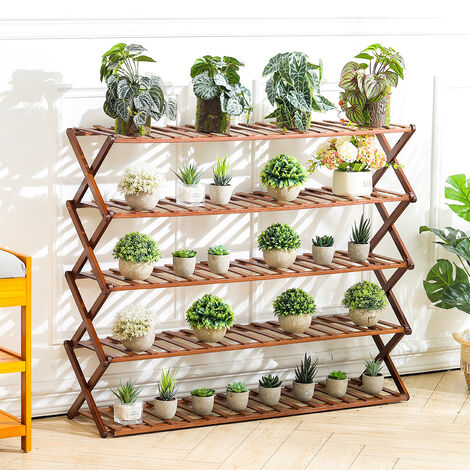Brown 5 Tier Bamboo Flower Stand Rack Indoor for Patio Garden Balcony