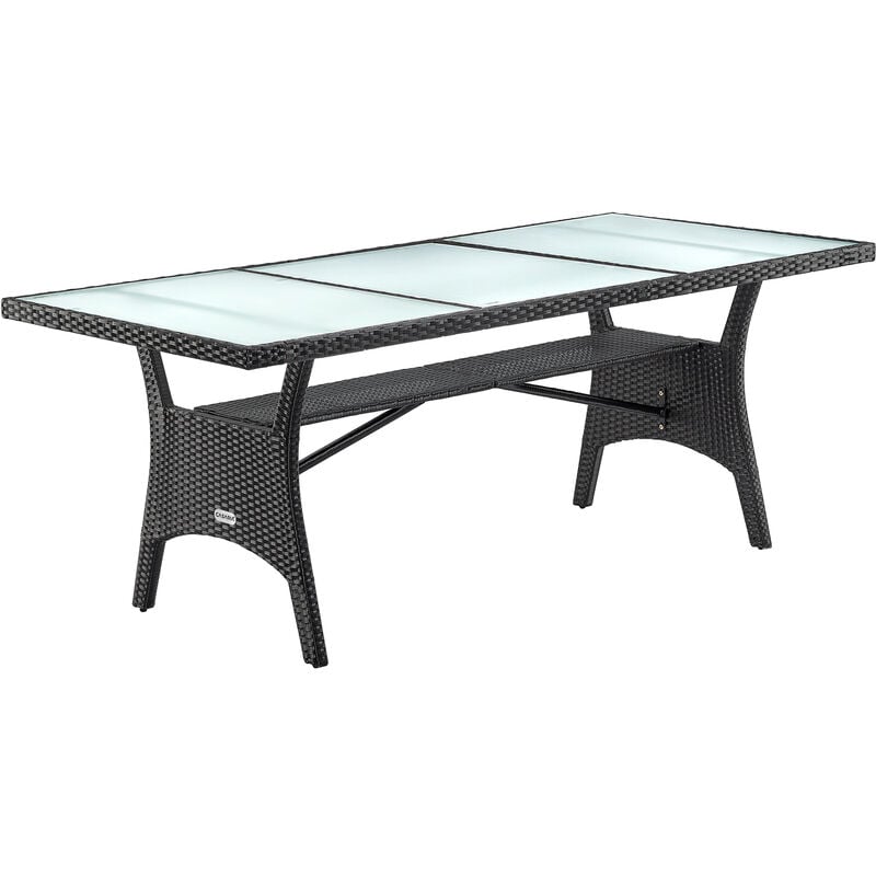 Table de jardin polyrotin 190x90x74 cm plaque en verre de sécurité avec compartiment réglable résistant aux intempéries Noir