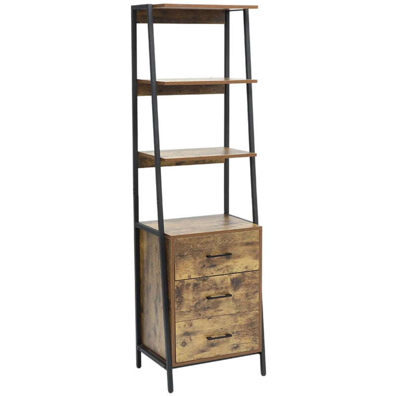 Brown Industrial Style Wooden Bookshelf with Drawers