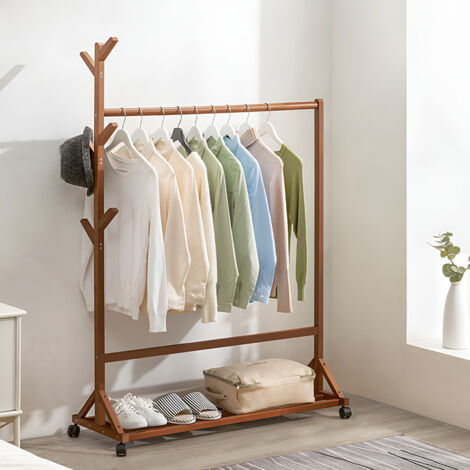 Brown Simple Bamboo Coat Rack with Wheels 108cm W x 37cm D x 157cm H