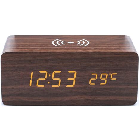 Brown wooden alarm clock with wireless charger, compatible with iPhone Samsung, LED digital wooden clock, sound control function, time, date and temperature display, YMYNY