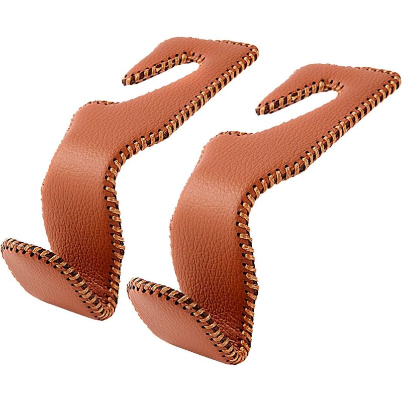 (Brown)2 Pack Car Headrest Hooks, Seat Back Organizer, Leather Hanger Holder, for Hanging Purses, Bags and Coats