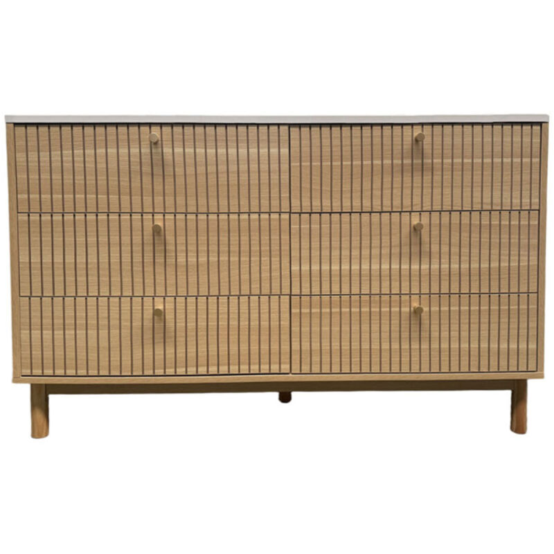 Buffet 6 tiroirs aspect bois rainuré et blanc 120cm BROX