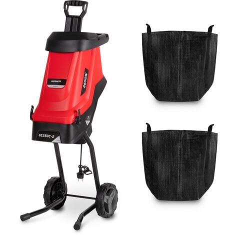 GREEN CUT Broyeur électrique, puissance 2600W, capacité de coupe 45mm, grande trémie, 2 sacs de collecte de 45l, roues et poignée pour le transport – Greencut GE250C-2