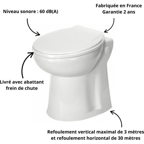 Broyeur WC compact WATERFLASH 750 – 500W – Refoulement vertical 3m – Diamètre évacuation 40mm – Indice IP44 résistant à l'eau