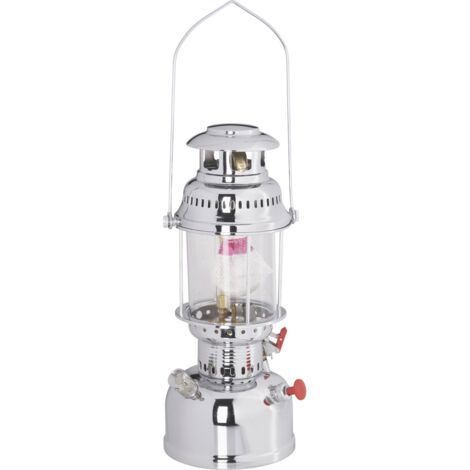 Brüder Mannesmann – Petroleumlampe Chrom 42 cm – Automatische Schnellzündung – Brenndauer 8 h – Regelbare Lichtleistung 400 W – Inkl. 2 Leuchtstrümpfe