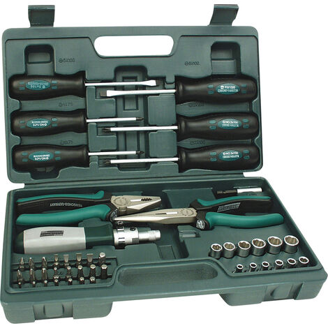 Brüder Mannesmann – Werkzeugkoffer 45-teilig – M29110 – mit Profi-Kombizange, Telefonzange, Bithalter, Adapter, Schraubknarrengriff und 22 Bits aus S2 Werkzeugstahl