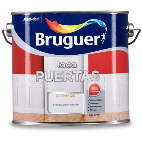 BRUGUER pintura laca puertas blanco permanente 2.5l lata , Laca satinada al agua de Bruguer. Una laca ideada para renovar todo tipo de superficies de madera. Especialmente puertas,