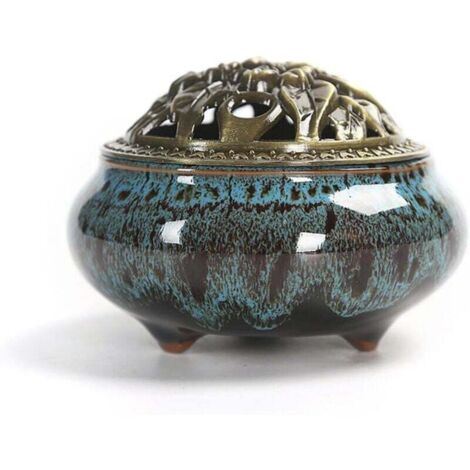 Brûle-encens et couvercle en céramique, aromathérapie pour bâtons ou cônes d'encens, cendrier spirale, accessoire décoratif pour la maison, idée cadeau originale (bleu saphir)