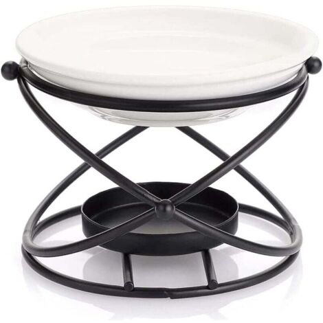 Brûleur à Huiles Essentielles en Métal Noir avec Bol Céramique Bougeoir Décoratif pour Maison