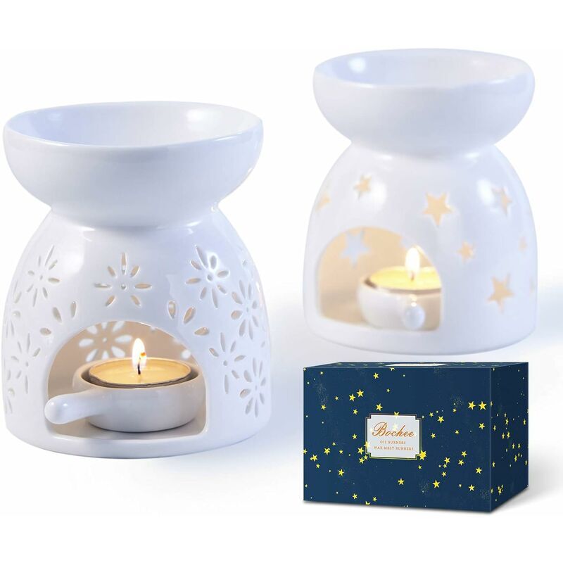 Bruleur Bougie en Céramique, Set de 2 - Motif étoiles et Fleurs, Aromathérapie, Brûleur Huile Essentielle avec Porte-Bougie, pour Décoration Maison,