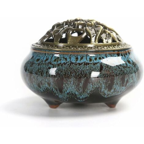 Brûleur D'encens en Céramique et Couvercle, Aromathérapie pour Bâtons D'encens ou Cônes D'encens, Bobine Cendrier Bol, Accessoire Décoratif pour la Maison, Idée Cadeau Originale(bleu saphir)