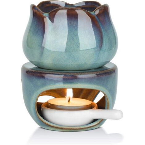 Brûleur d'huiles essentielles à cire fondante avec cuillère à thé, diffuseur d'huiles essentielles en céramique bleue,chauffe-cire