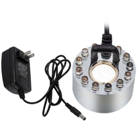 Brumisateur ultrasonique avec 12 LED colorées (20 mm), machine à brouillard 24 V pour fontaines et bassins, brumisateur ultrasonique pour aquariums de rocaille (avec adaptateur), pulvérisateur