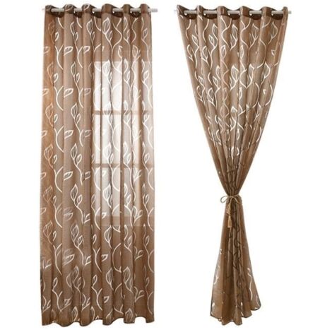 (brun-Marron)2 Pièces Rideaux Voilage Brun 100x250 cm avec Motifs de Feuilles Décoration Élégante de Salon Chambre Salle à Manger
