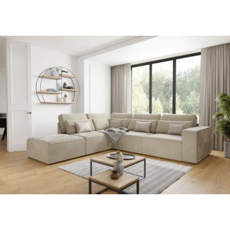 Brunchild - Modulare Ecksofa in Beige Samt-Stoff mit Rücken und Lendenkissen