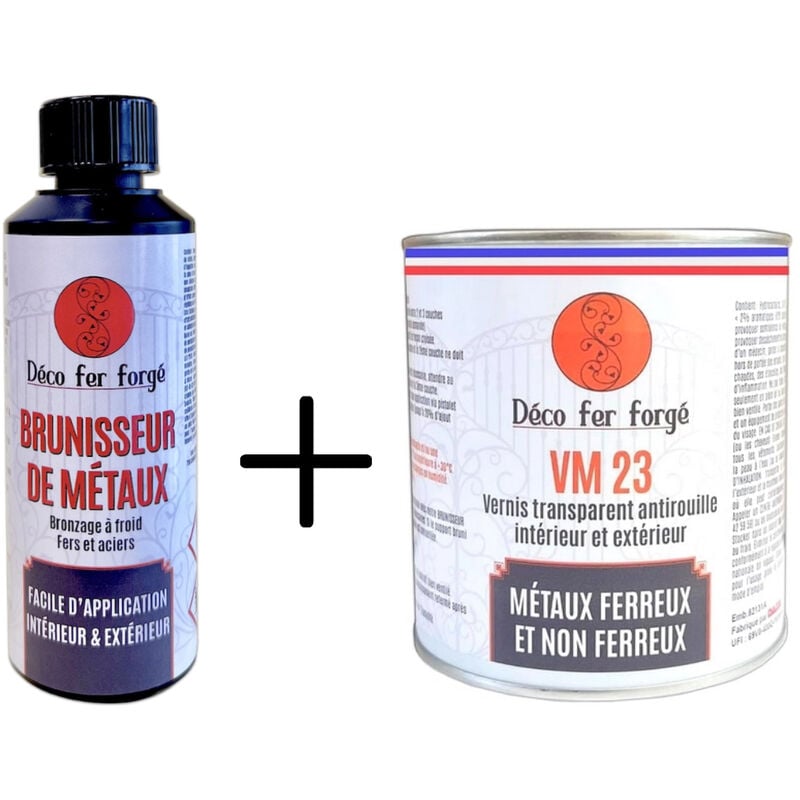 Pack Brunisseur de métaux (0,25L) + Vernis spécial Fer, Acier, Laiton, Bronze ou Cuivre Deco Fer Forge