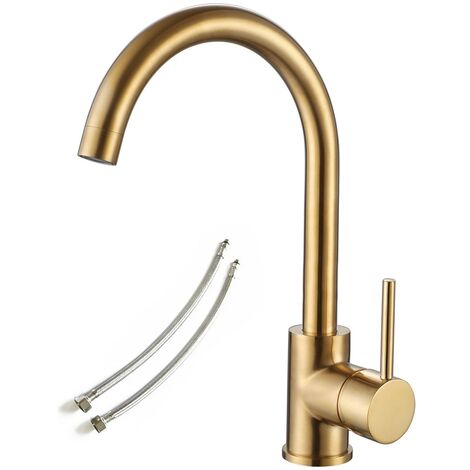 Brushed Brass Mixer Kitchen Tap Single Handle C High Spout Swivel Lever +Fixings