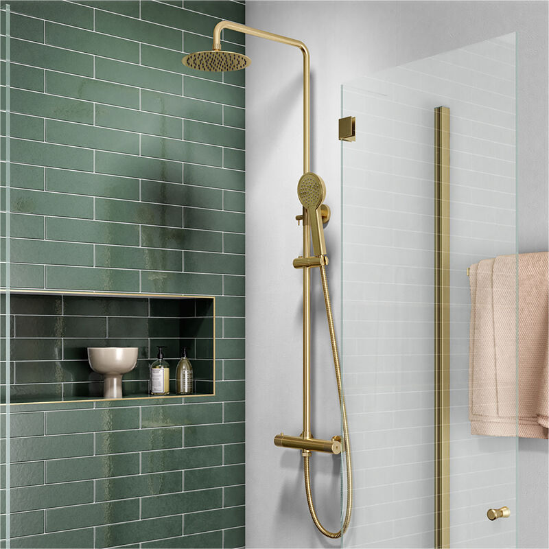 Brushed Brass Overhead Thermostatic Rigid Riser Shower Kit